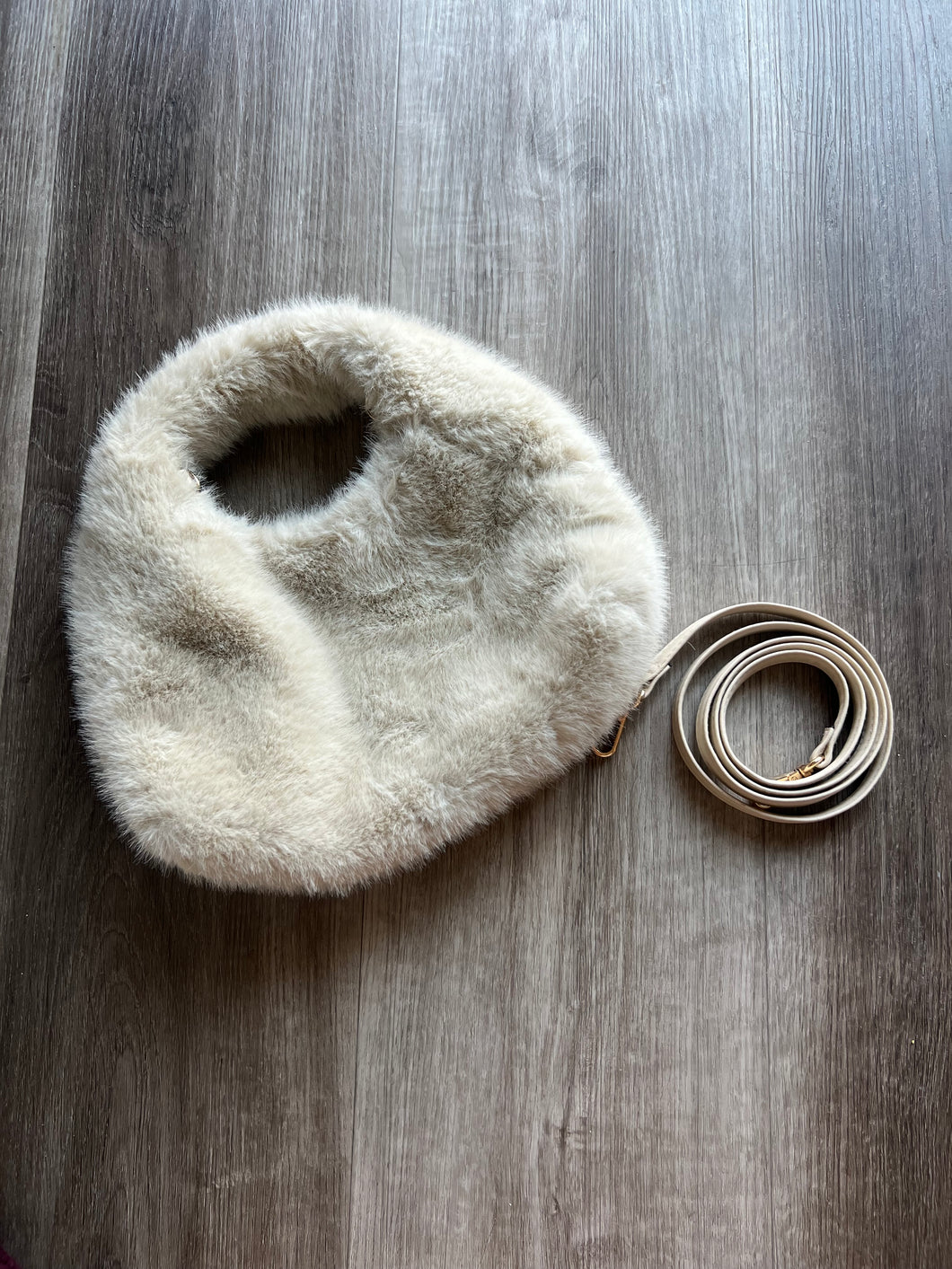 Beige furry purse with detachable long strap