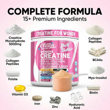 Load image into Gallery viewer, Creatine for Women | Creatine Monohydrate + BCAA Powder Myo-Inositol Collagen Biotin Hyaluronic Acid Folate L Glutamine Vitamin D3 Iron Zinc D-Chiro-Maca Digestion Shelf Builder By Clean Nutra
