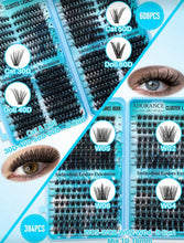 Load image into Gallery viewer, 2208PCS Lash Clusters D Curl 15 Styles Mixed 10-16mm/14-20mm Mega Volume Cat&amp;Doll Lashes Wispy Lashes Individual Eyelashes Kit With BOND&amp;SEAL Lash Remover Tweezers And Brush, Perfect For Beginners &amp; Proficient, DlY At Home Easily, Easy Apply For Makeup Da
