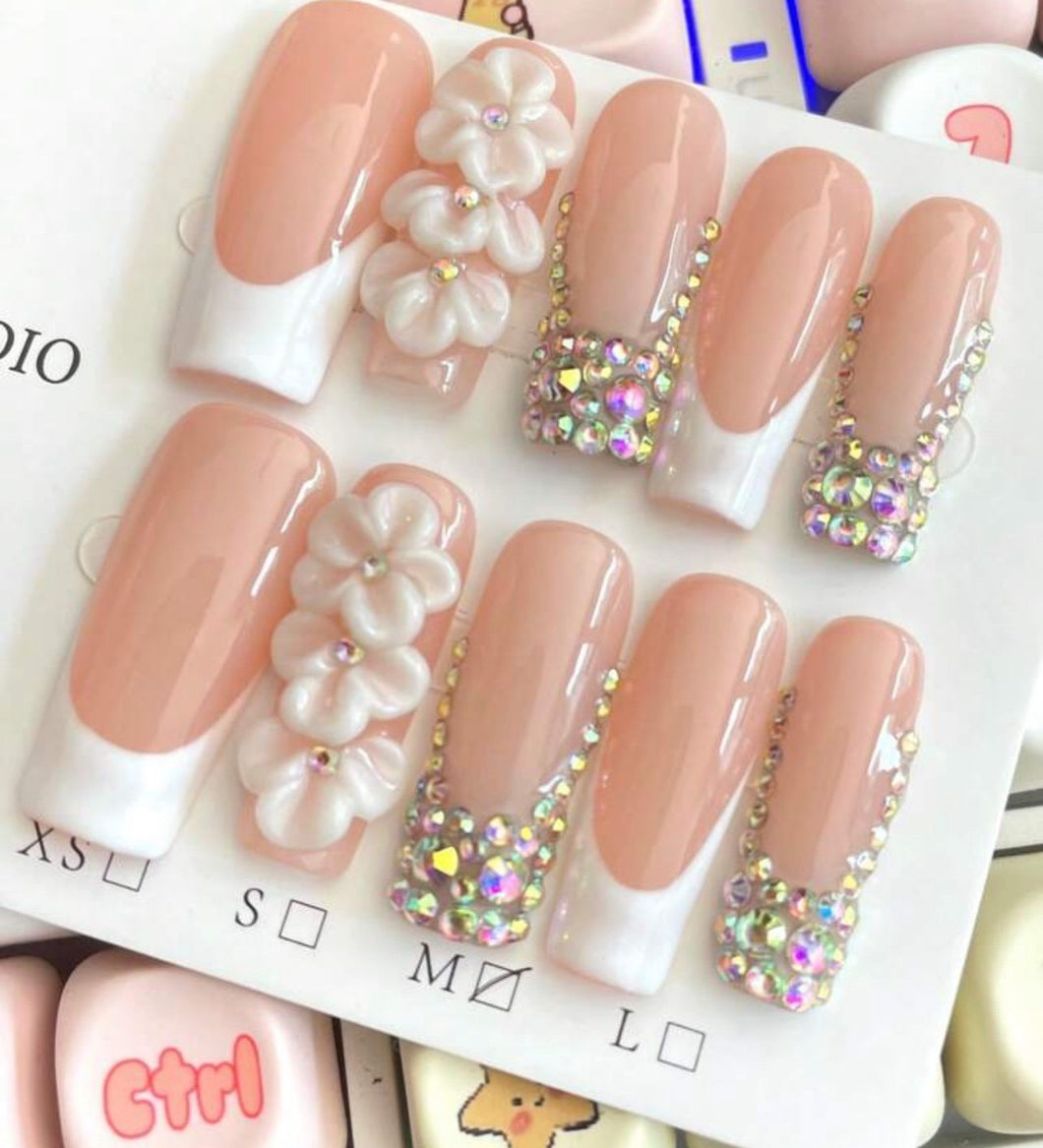French Rhinestone Long Press Ons