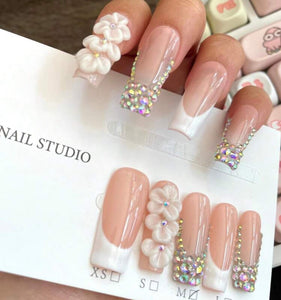 French Rhinestone Long Press Ons