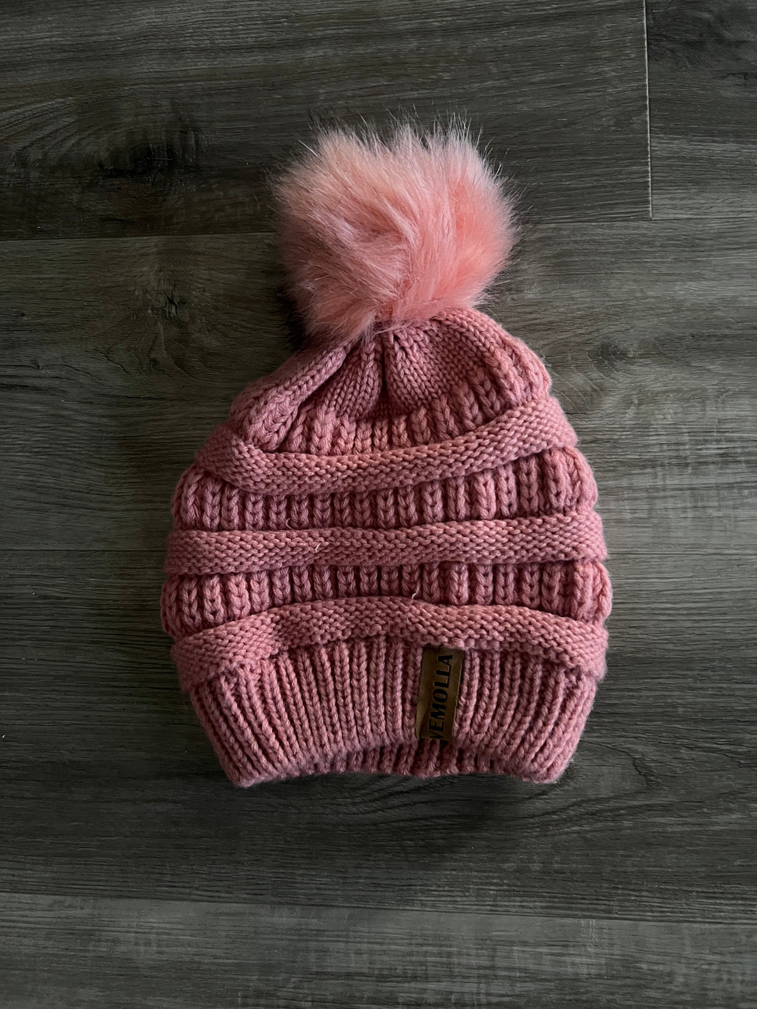 Detachable pink knit puff ball hat beanie