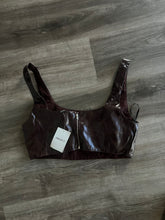Load image into Gallery viewer, Faux brown leather zip up crop top
