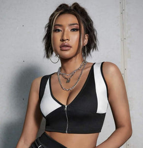 Black and white color block crop top